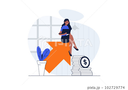 Sales performance web concept with character scene. Woman working with financial statistic, increase income. People situation in flat design. Vector illustration for social media marketing material. Sales performance web concept with character scene. Woman working with financial statistic, increase income. People situation in flat design. Vector illustration for social media marketing material. 102729774