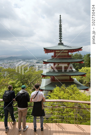 foreign friends at Chureito Pagoda without mt. Fuji due to cloud foreign friends at Chureito Pagoda without mt. Fuji due to cloud 102730434