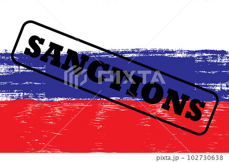 Flag of Russia and black stamp sanctions 102730638