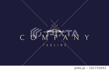 Vector golden logo on which an abstract image of a building standing in the distance with lines of perspective. 102730842