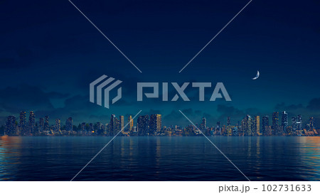 Abstract city skyline against night sky with moon 102731633