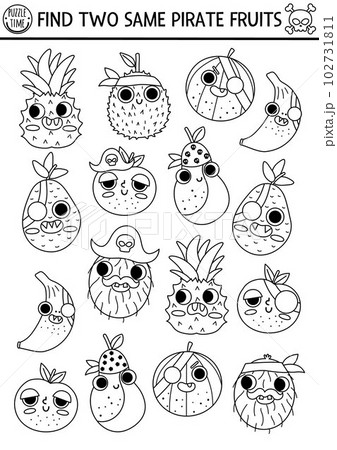 Black and white find two same pirate fruits. Treasure island line matching activity for children. Sea adventures educational quiz worksheet or coloring page for kids with cute banana, apple 102731811