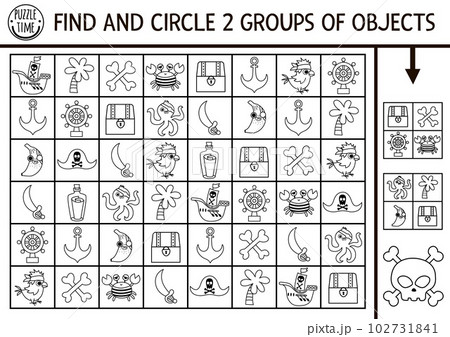 Pirate black and white seek and find game with traditional symbols. Attention skills training puzzle with chest, ship. Printable activity for kids. Treasure island searching puzzle or coloring page Pirate black and white seek and find game with traditional symbols. Attention skills training puzzle with chest, ship. Printable activity for kids. Treasure island searching puzzle or coloring page 102731841