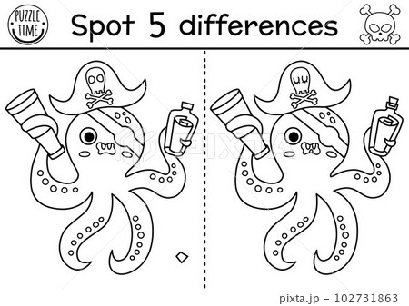 Black and white find differences game for children. Sea adventures line educational activity with cute pirate octopus and map in bottle. Treasure island printable worksheet, coloring page for kids Black and white find differences game for children. Sea adventures line educational activity with cute pirate octopus and map in bottle. Treasure island printable worksheet, coloring page for kids 102731863