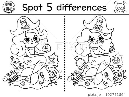 Black and white find differences game for children. Sea adventures line educational activity with cute pirate mermaid with hat and scull. Treasure island printable worksheet, coloring page for kids Black and white find differences game for children. Sea adventures line educational activity with cute pirate mermaid with hat and scull. Treasure island printable worksheet, coloring page for kids 102731864
