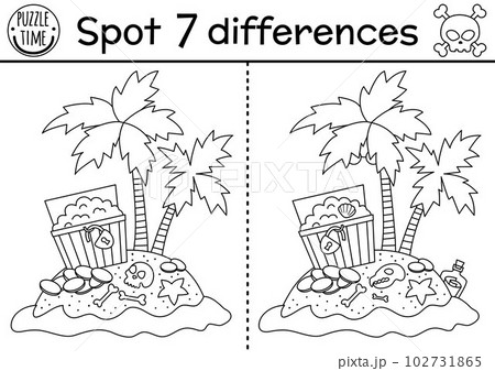 Black and white pirate find differences game for children. Sea adventures line educational activity with cute treasure island with palm trees and chest. Printable worksheet, coloring page for kids Black and white pirate find differences game for children. Sea adventures line educational activity with cute treasure island with palm trees and chest. Printable worksheet, coloring page for kids 102731865