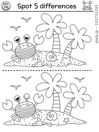 Black and white find differences game for children. Sea adventures line educational activity with cute palm trees, scull, crab in stripy shirts. Treasure island printable worksheet, coloring page for Black and white find differences game for children. Sea adventures line educational activity with cute palm trees, scull, crab in stripy shirts. Treasure island printable worksheet, coloring page for 102732295
