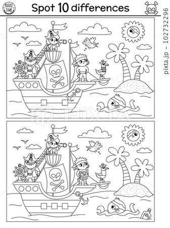 Black and white find differences game for children. Sea adventures line educational activity with cute pirate ship, pirates, octopus. Treasure island printable worksheet, coloring page for kids Black and white find differences game for children. Sea adventures line educational activity with cute pirate ship, pirates, octopus. Treasure island printable worksheet, coloring page for kids 102732296