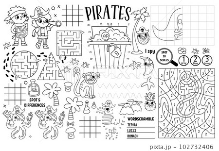 Vector pirate placemat for kids. Treasure hunt printable activity mat with maze, tic tac toe charts, connect the dots, find difference. Sea adventure black and white play mat or coloring page Vector pirate placemat for kids. Treasure hunt printable activity mat with maze, tic tac toe charts, connect the dots, find difference. Sea adventure black and white play mat or coloring page 102732406