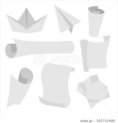 Vector paper set. Paper ship, scroll, plane and serviette illustration. Origami clip art isolated on white background. Vector paper set. Paper ship, scroll, plane and serviette illustration. Origami clip art isolated on white background. 102732480
