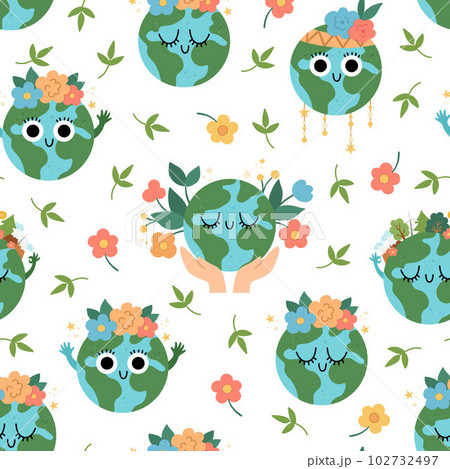 Vector earth seamless pattern for kids. Earth day repeat background with cute kawaii smiling planets. Environment friendly digital paper with globe and forest. Ecological concept 102732497