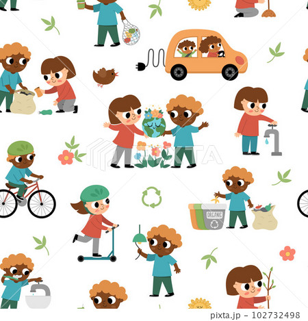 Ecological vector seamless pattern with children. Cute eco friendly repeat background. Boys and girls saving water, energy, seeding plants, caring of environment. Earth day digital paper Ecological vector seamless pattern with children. Cute eco friendly repeat background. Boys and girls saving water, energy, seeding plants, caring of environment. Earth day digital paper 102732498