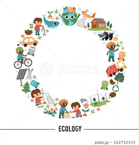 Vector ecological round frame with cute children caring of nature. Earth day card template for banners, invitations. Cute environment friendly wreath illustration with planet Vector ecological round frame with cute children caring of nature. Earth day card template for banners, invitations. Cute environment friendly wreath illustration with planet 102732515