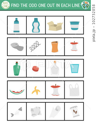 Find the odd one out. Ecological logical activity for children. Eco awareness zero waste educational quiz worksheet for kids for attention skills. Simple printable game with waste sorting concept 102732858