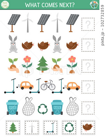 What comes next. Ecological matching activity for preschool children with eco awareness symbols. Funny zero waste puzzle. Earth day logical worksheet. Continue the row game What comes next. Ecological matching activity for preschool children with eco awareness symbols. Funny zero waste puzzle. Earth day logical worksheet. Continue the row game 102732859