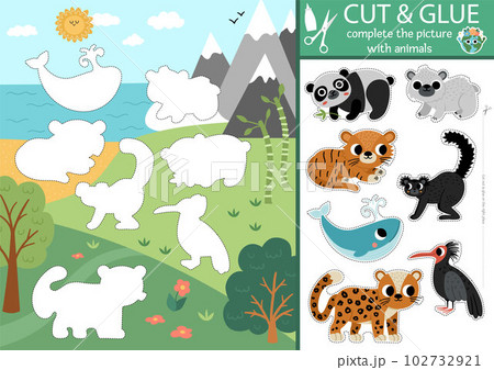 Vector ecological cut and glue activity. Crafting game with nature scene and endangered animals. Fun printable worksheet. Find right piece of the puzzle. Earth day complete the picture page 102732921