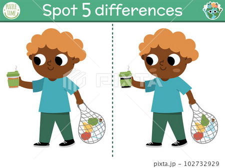 Find differences game. Ecological educational activity with cute boy with reusable cup and bag. Earth day puzzle for kids. Eco awareness or zero waste printable worksheet, page Find differences game. Ecological educational activity with cute boy with reusable cup and bag. Earth day puzzle for kids. Eco awareness or zero waste printable worksheet, page 102732929