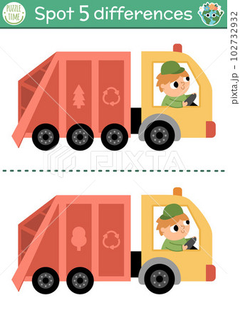Find differences game for children. Ecological educational activity with cute rubbish truck. Earth day puzzle for kids. Eco awareness or zero waste printable worksheet with waste car 102732932