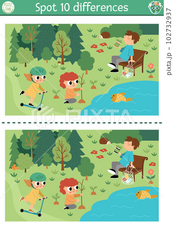 Find differences game for children. Ecological educational activity with cute nature forest scene, kids caring of environment. Earth day puzzle. Eco awareness printable worksheet Find differences game for children. Ecological educational activity with cute nature forest scene, kids caring of environment. Earth day puzzle. Eco awareness printable worksheet 102732937