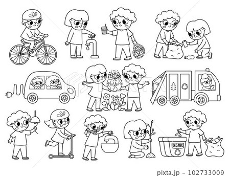 Ecological black and white vector set with children. Cute line eco friendly kids collection. Boys and girls saving water, energy, seeding plants, caring of environment. Earth day coloring page 102733009
