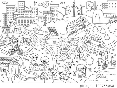 Vector black and white eco city scene. Ecological town line landscape with alternative transport, energy concept. Green city illustration with children caring of environment. Earth day coloring page 102733038