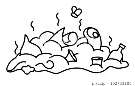 Vector black and white rubbish dump icon. Smelling waste heap line illustration. Trash pile coloring page. Organic, paper, metal, glass, plastic garbage. Earth day or zero waste ecological concept Vector black and white rubbish dump icon. Smelling waste heap line illustration. Trash pile coloring page. Organic, paper, metal, glass, plastic garbage. Earth day or zero waste ecological concept 102733106