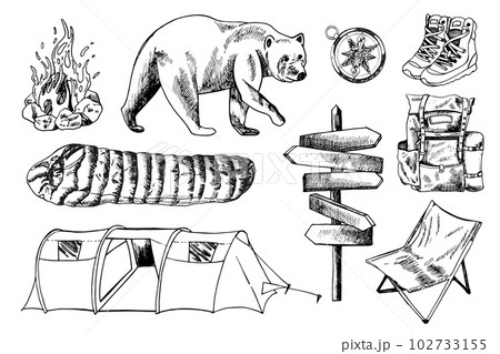 camping trip, outdoor adventure, hiking. Set of tourism equipment. engraved hand drawn in sketch, hand drawn style for label. bear and compass, pointer. backpack and tent 102733155