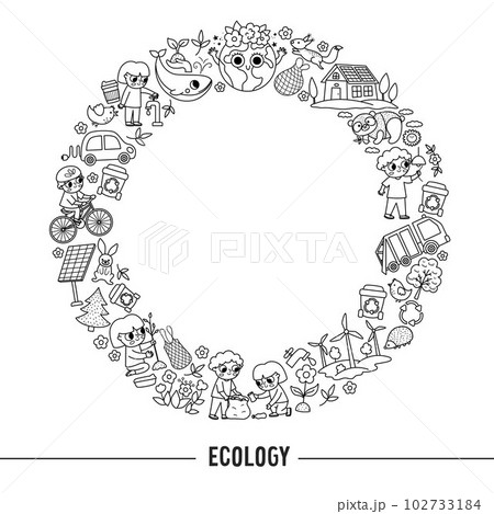 Vector black and white ecological round frame with cute children caring of nature. Earth day card template for banners, invitations. Cute environment friendly coloring page Vector black and white ecological round frame with cute children caring of nature. Earth day card template for banners, invitations. Cute environment friendly coloring page 102733184