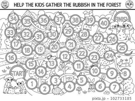 Ecological black and white dice board game for children with kids gathering rubbish in forest. Earth day line boardgame. Waste recycling printable coloring page. Eco awareness or zero waste activity Ecological black and white dice board game for children with kids gathering rubbish in forest. Earth day line boardgame. Waste recycling printable coloring page. Eco awareness or zero waste activity 102733185