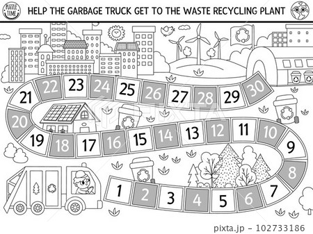 Ecological black and white dice board game for children with garbage truck going to waste recycling plant. Earth day line boardgame.  Nature protection printable coloring page 102733186