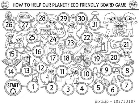 Ecological black and white dice board game for children with kids caring of environment. Earth day line boardgame.  Waste recycling printable activity or worksheet. Eco awareness coloring page 102733187