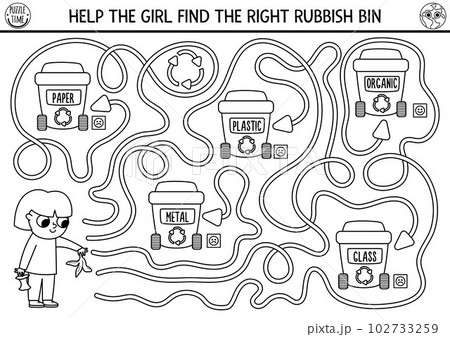 Ecological black and white maze for children with girl sorting out the rubbish. Earth day preschool activity. Eco awareness labyrinth coloring page. Nature protection printable worksheet 102733259