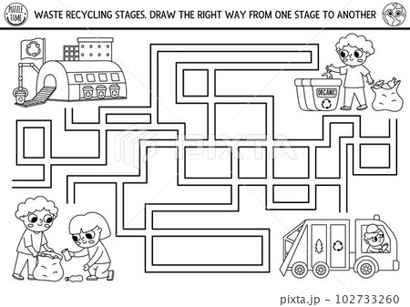 Ecological black and white maze for children with kids sorting out the rubbish. Earth day preschool activity. Eco awareness or zero waste labyrinth coloring page with garbage recycling stages Ecological black and white maze for children with kids sorting out the rubbish. Earth day preschool activity. Eco awareness or zero waste labyrinth coloring page with garbage recycling stages 102733260