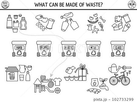 Ecological black and white matching activity with waste sorting concept. Earth day puzzle. Printable worksheet or game. Sort out garbage. Eco awareness coloring page for kids with rubbish bins 102733299