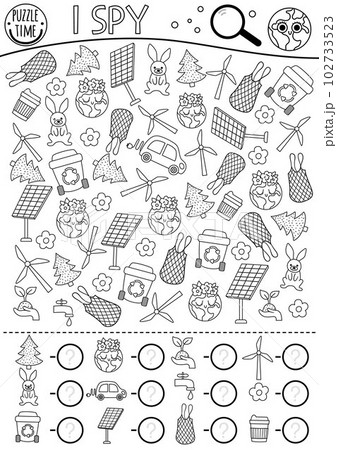Ecological black and white I spy game for preschool kids. Searching and counting activity with solar panel, wind turbine. Earth day line printable worksheet. Simple eco awareness coloring page Ecological black and white I spy game for preschool kids. Searching and counting activity with solar panel, wind turbine. Earth day line printable worksheet. Simple eco awareness coloring page 102733523
