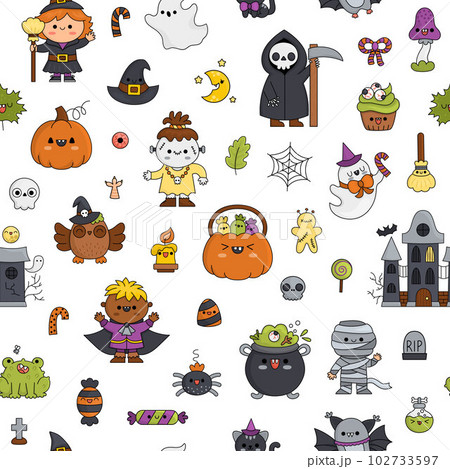 Vector kawaii Halloween seamless pattern for kids. Cute cartoon Samhain party repeat background. Scary collection with pumpkin, haunted house, witch, vampire. Autumn holiday digital paper 102733597