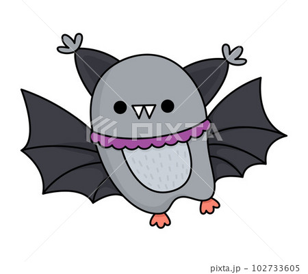 Vector kawaii bat. Cute smiling Halloween character for kids. Funny autumn all saints day cartoon animal with spread wings illustration. Samhain party icon for children Vector kawaii bat. Cute smiling Halloween character for kids. Funny autumn all saints day cartoon animal with spread wings illustration. Samhain party icon for children 102733605