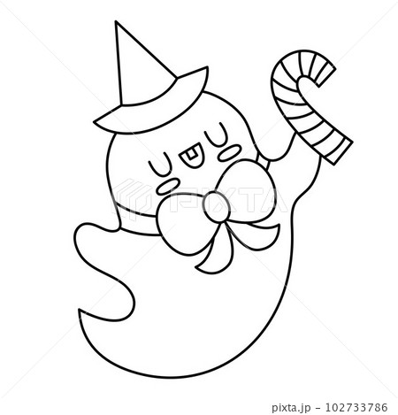 Vector black and white kawaii ghost in hat, bow. Cute Halloween line character for kids. Funny autumn all saints day illustration with spook. Samhain party day of the dead icon or coloring page 102733786