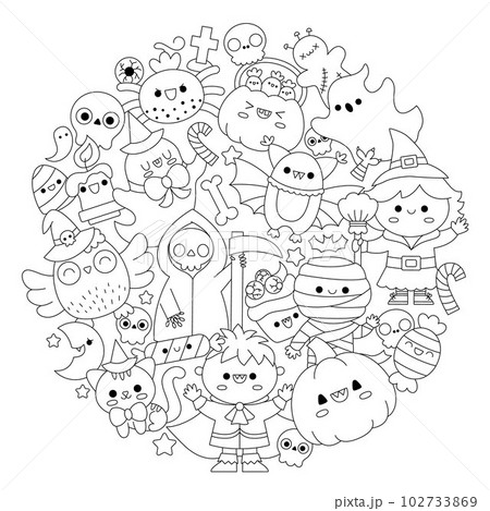 Vector Halloween round line coloring page for kids with cute kawaii characters. Black and white autumn holiday illustration with funny witch, vampire, ghost, pumpkin framed in circle Vector Halloween round line coloring page for kids with cute kawaii characters. Black and white autumn holiday illustration with funny witch, vampire, ghost, pumpkin framed in circle 102733869