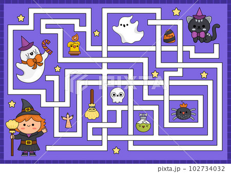 Halloween maze for kids. Autumn holiday preschool printable activity with cute kawaii witch, cat, ghost. Scary labyrinth game or puzzle with cute characters. All saints day worksheet for children Halloween maze for kids. Autumn holiday preschool printable activity with cute kawaii witch, cat, ghost. Scary labyrinth game or puzzle with cute characters. All saints day worksheet for children 102734032