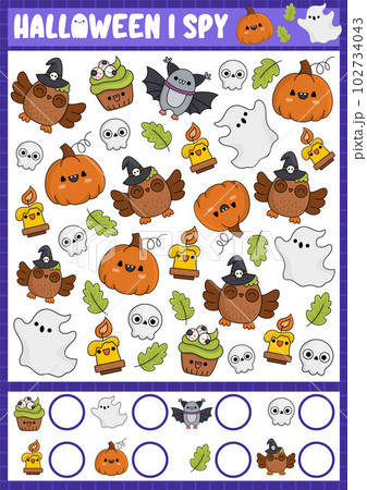 Halloween I spy game for kids. Searching and counting activity with cute kawaii holiday symbols. Scary autumn printable worksheet for preschool children. Simple all saints day spotting puzzle 102734043