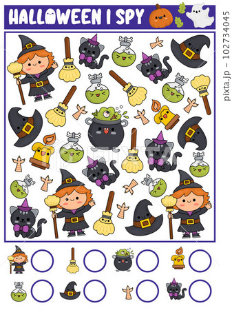 Halloween I spy game for kids. Searching and counting activity with cute kawaii witch. Scary autumn printable worksheet for preschool children. Simple all saints day spotting puzzle Halloween I spy game for kids. Searching and counting activity with cute kawaii witch. Scary autumn printable worksheet for preschool children. Simple all saints day spotting puzzle 102734045