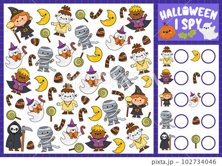 Halloween I spy game for kids. Searching and counting activity with cute kawaii characters. Scary autumn printable worksheet for preschool children. Simple all saints day spotting puzzle Halloween I spy game for kids. Searching and counting activity with cute kawaii characters. Scary autumn printable worksheet for preschool children. Simple all saints day spotting puzzle 102734046