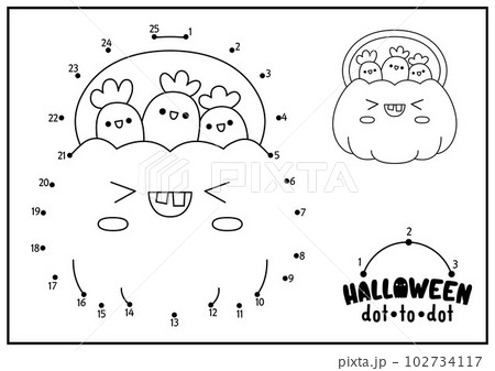 Vector Halloween dot-to-dot and color activity with cute kawaii pumpkin bag and sweets. Autumn holiday connect the dots game for children. All saints day coloring page for kids Vector Halloween dot-to-dot and color activity with cute kawaii pumpkin bag and sweets. Autumn holiday connect the dots game for children. All saints day coloring page for kids 102734117