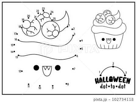 Vector Halloween dot-to-dot and color activity with cute kawaii cupcake with eyes. Autumn holiday connect the dots game for children. All saints day coloring page for kids. Printable worksheet Vector Halloween dot-to-dot and color activity with cute kawaii cupcake with eyes. Autumn holiday connect the dots game for children. All saints day coloring page for kids. Printable worksheet 102734118