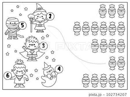 Halloween black and white matching game with trick or treat sweets and cute kawaii kids. Autumn line math activity for preschool children. Educational printable counting worksheet or coloring page 102734207