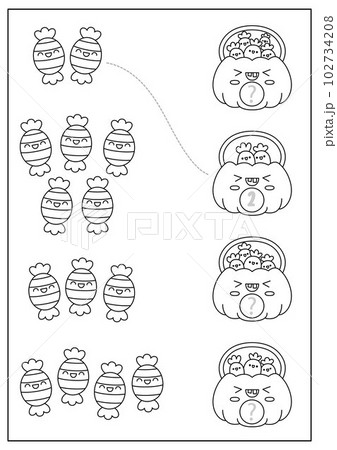 Halloween black and white matching game with trick or treat sweets and cute kawaii pumpkin. Autumn line math activity for children. Educational printable counting worksheet or coloring page 102734208