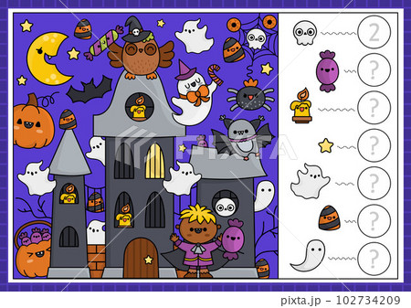 Vector Halloween searching game with haunted house and kawaii characters. Spot hidden objects, say how many. Simple autumn holiday seek and find counting page or printable activity 102734209