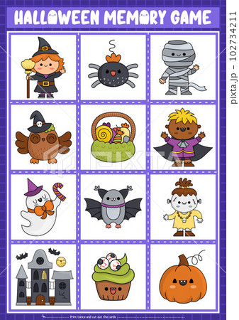 Vector Halloween kawaii memory game cards with cute traditional holiday symbols. Samhain party matching activity. Remember and find correct card. Simple printable worksheet for kids 102734211