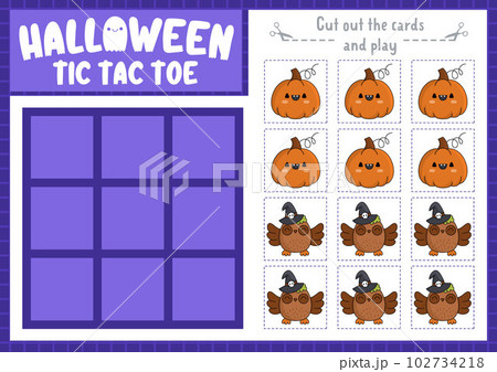 Vector Halloween tic tac toe chart with pumpkin and owl. Samhain party board game playing field with cute kawaii characters. Funny autumn holiday printable worksheet. Noughts and crosses grid Vector Halloween tic tac toe chart with pumpkin and owl. Samhain party board game playing field with cute kawaii characters. Funny autumn holiday printable worksheet. Noughts and crosses grid 102734218